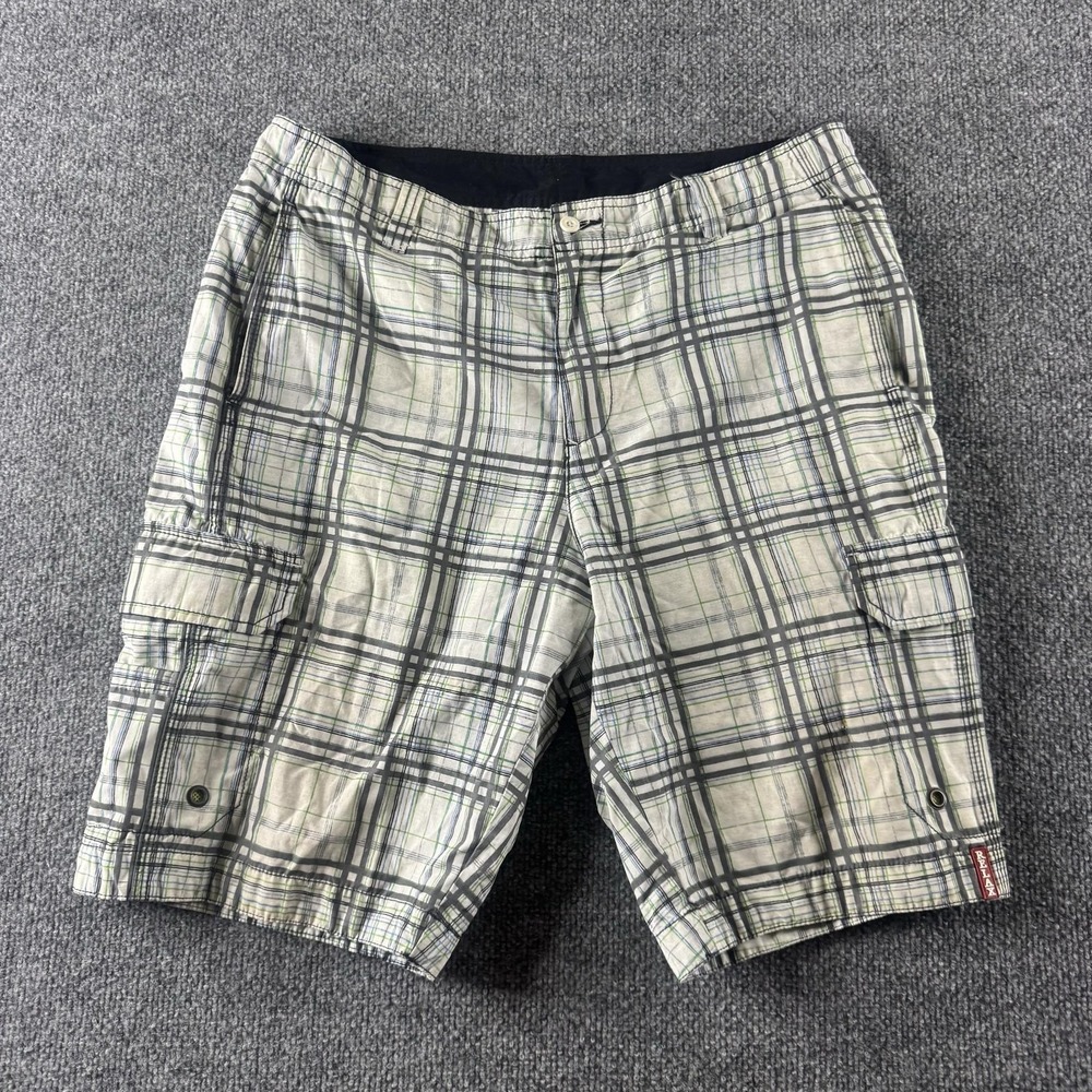 Tommy Bahama Relax Cargo Shorts Mens‎ 32 Beige Plaid Lined 11 Inseam Pockets